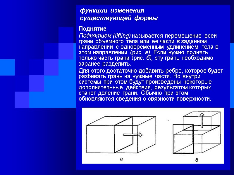 функции изменения  существующей формы Поднятие Поднятием (lifting) называется перемещение всей грани объемного тела